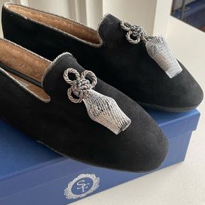 Sarah Flint black tassel suede fireside house shoe slipper NIB size 10 handmade